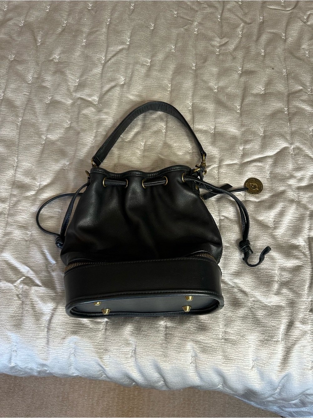 Black Leather Drawstring Shoulder Bucket Bag with Gold Charm